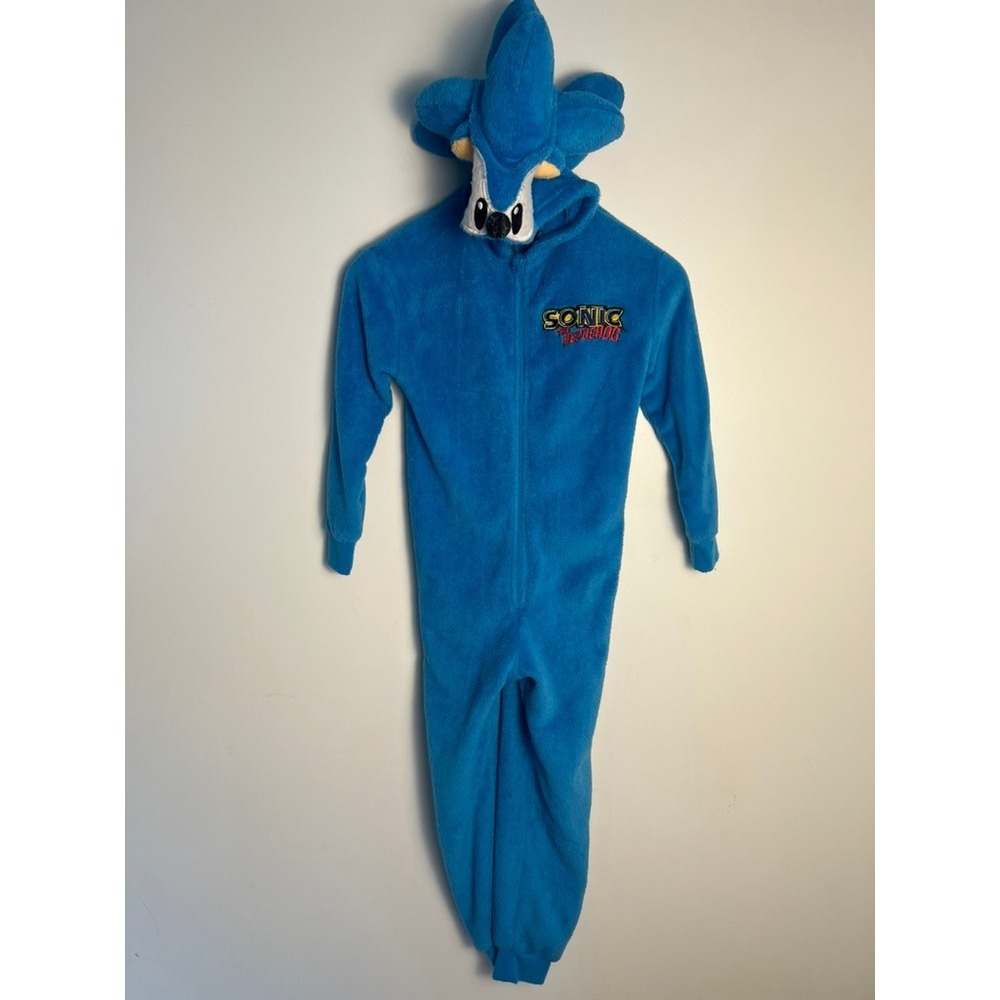 H&M Sonic the Hedgehog‎ Blue Fleece Hooded One Piece Pajama Union Suit Kids 6X 7